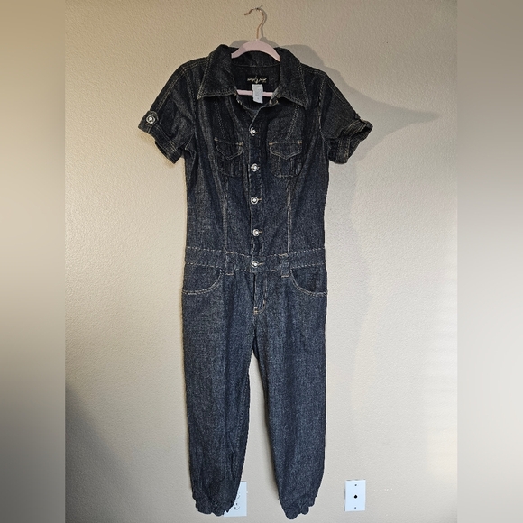 Baby Phat Y2k Vintage Dark Denim Cropped Jogger Utility Jumpsuit Size 11 - Picture 1 of 14